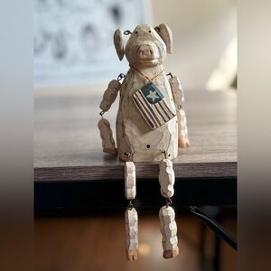 Rustic Cream Articulated Pig Figurine 4th of July Independence Day Piggy Dangly